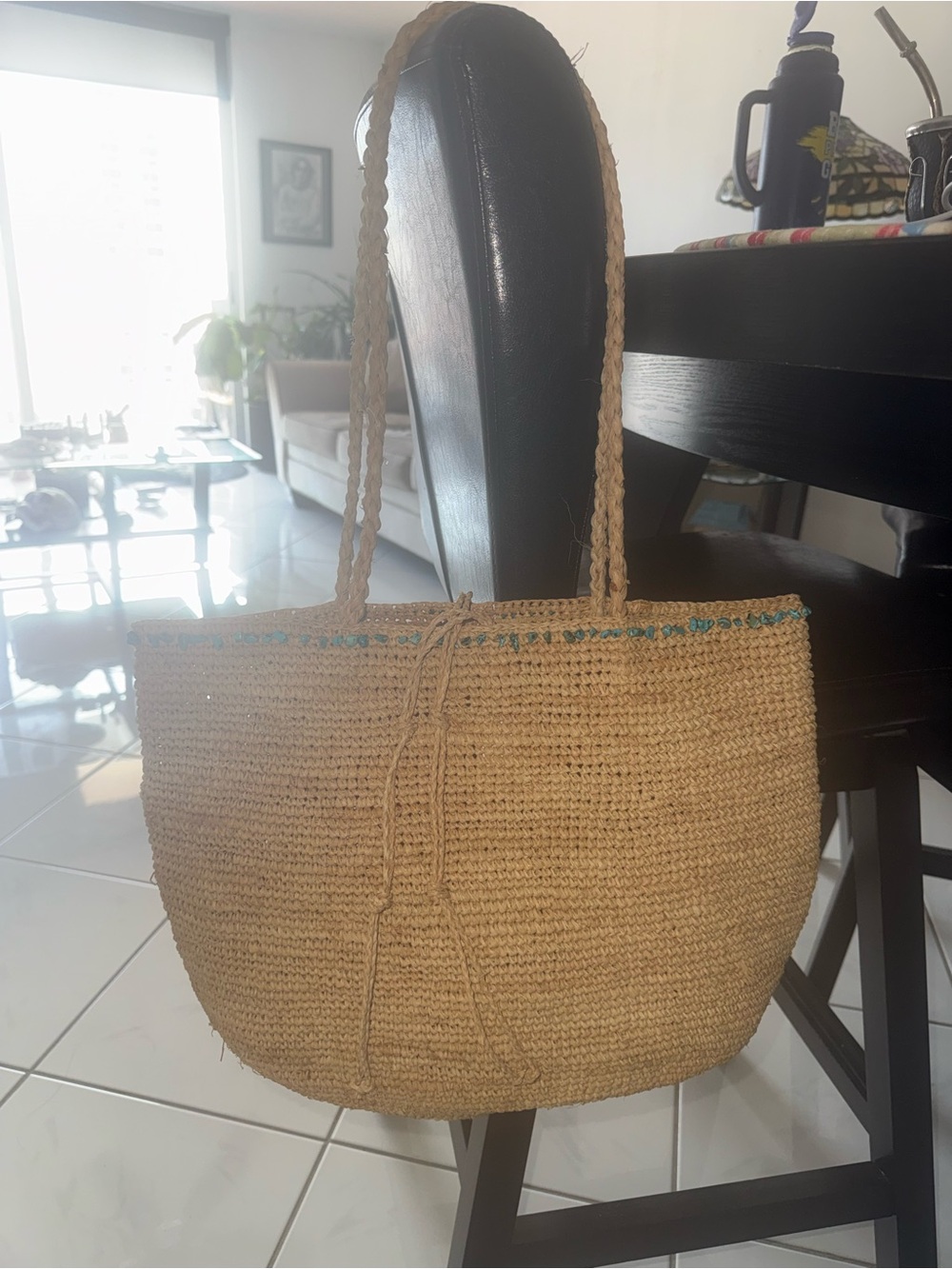 Handwoven Straw oversized Tote Bag in Natural with beaded Turquoise Accent